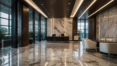 Stylish office interior featuring marble flooring, modern furniture, and large windows. elegant design creates sophisticated atmosphere for work and meetings