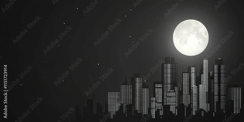 Fototapeta premium Glowing city under moonlit sky, urban tranquility in the night.