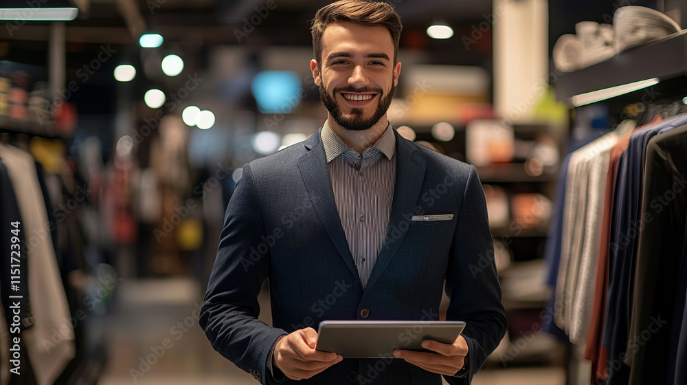 Fototapeta premium Confident young salesman standing in showroom holding a tablet