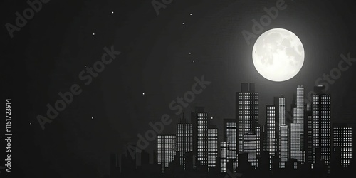 Glowing city under moonlit sky, urban tranquility in the night.