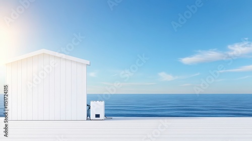 A serene coastal scene featuring a white building facing the calm ocean under a clear blue sky with a bright sun illuminating the landscape.