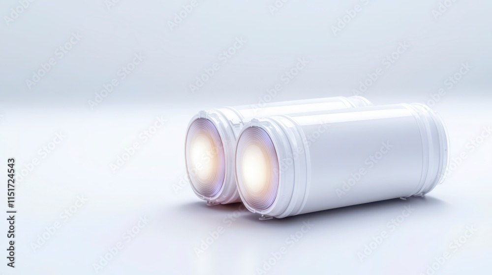 A minimalist image showcasing two white cylindrical flashlights emitting soft light against a clean background. A minimalist image showcasing two white cylindrical flashlights emitting soft light against a clean background.