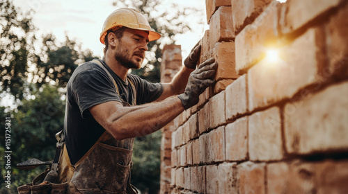 Skilled bricklayer carefully constructing a new wall at sunrise photo