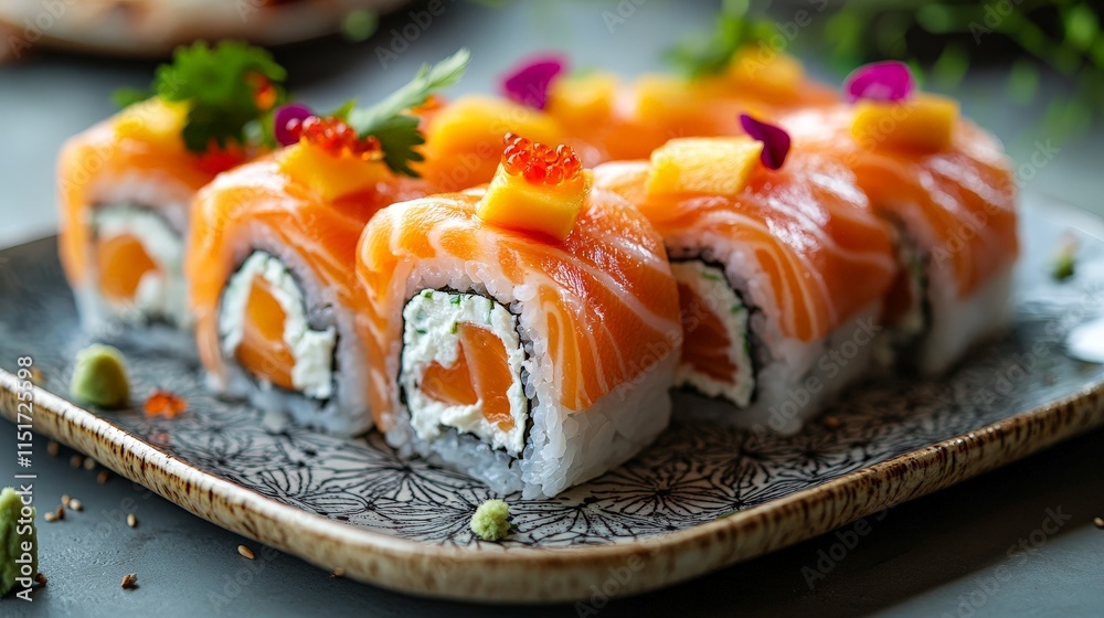 Vibrant Sushi Rolls with Salmon, Mango, and Cream Cheese