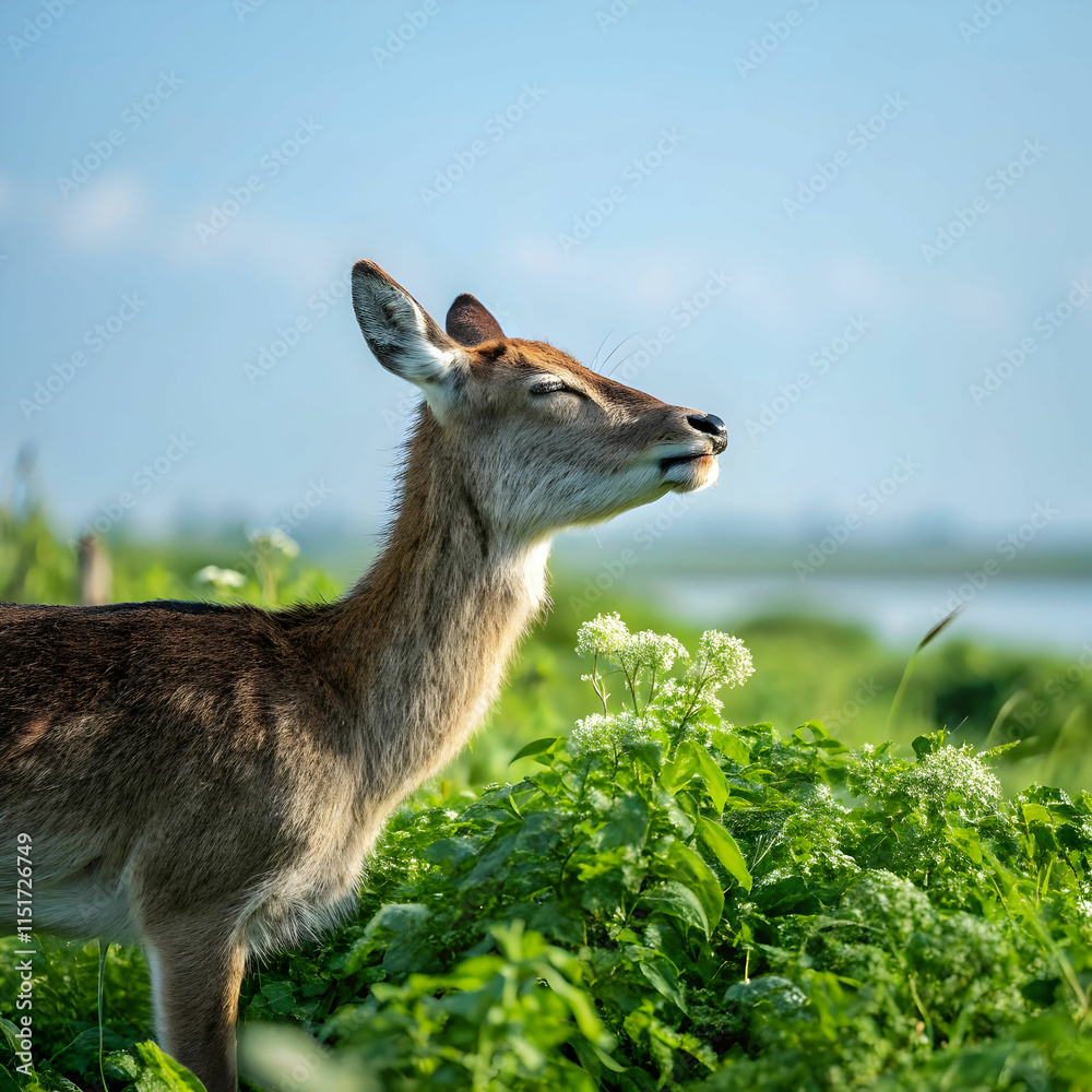 A graceful deer stands in nature, showcasing its slender form A graceful deer stands in nature, showcasing its slender form
