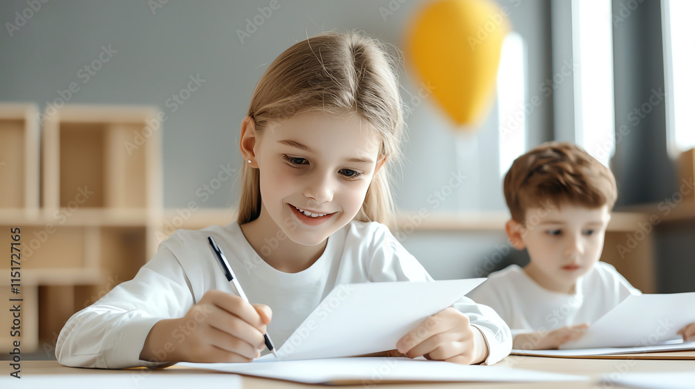 Young children sit at a table focused on drawing and writing, capturing moments of creativity and concentration in a classroom setting. Young children sit at a table focused on drawing and writing, capturing moments of creativity and concentration in a classroom setting.