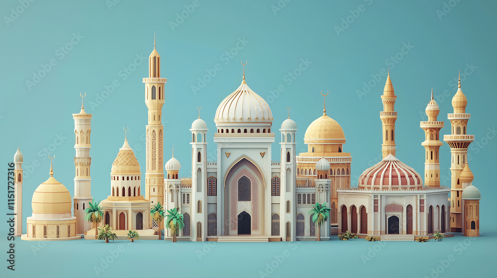 Obraz premium stylized digital illustration showcases a collection of iconic Islamic architectural structures including mosques minarets and domes set against a muted blue background