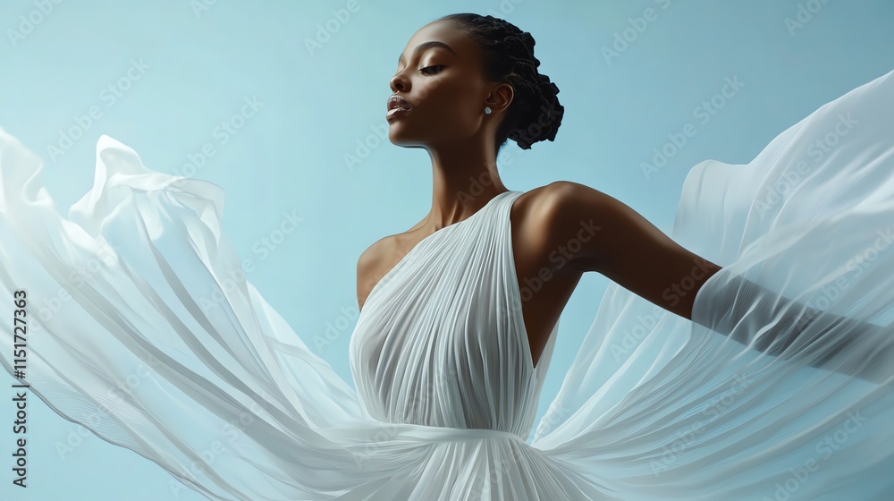 Naklejka premium A beautiful woman with dark skin poses in a flowing white dress.