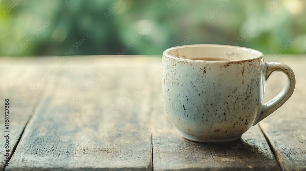 Rustic wooden table with a solitary coffee cup in soft morning light, creating a cozy and inviting atmosphere. Rustic wooden table with a solitary coffee cup in soft morning light, creating a cozy and inviting atmosphere.