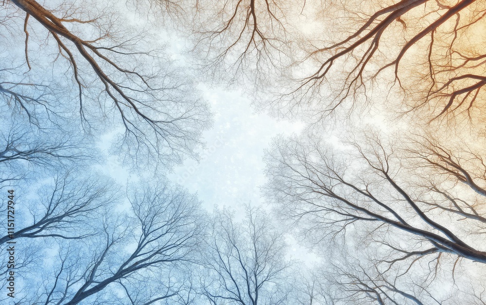 Silent Sentinels: Barren Trees Beneath Azure Sky in a Serene Forest Landscape Silent Sentinels: Barren Trees Beneath Azure Sky in a Serene Forest Landscape