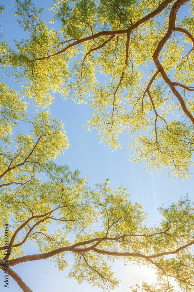 Fototapeta premium Sunlight filtering through majestic tree branches in a serene forest setting.