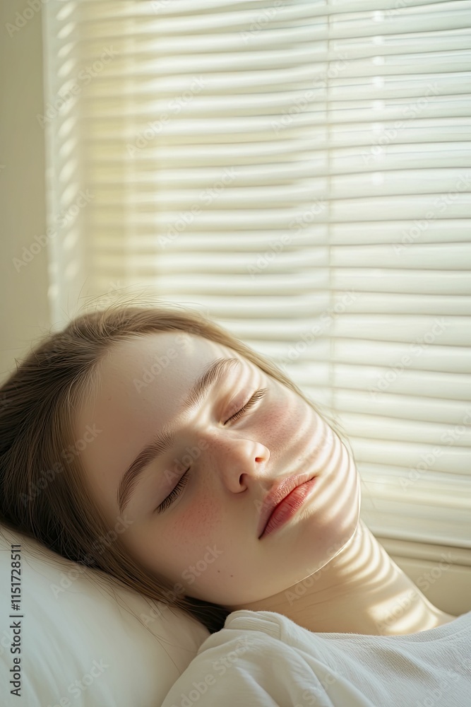 Tranquil woman peacefully sleeping in bed with her eyes closed in a cozy bedroom setting. Tranquil woman peacefully sleeping in bed with her eyes closed in a cozy bedroom setting.