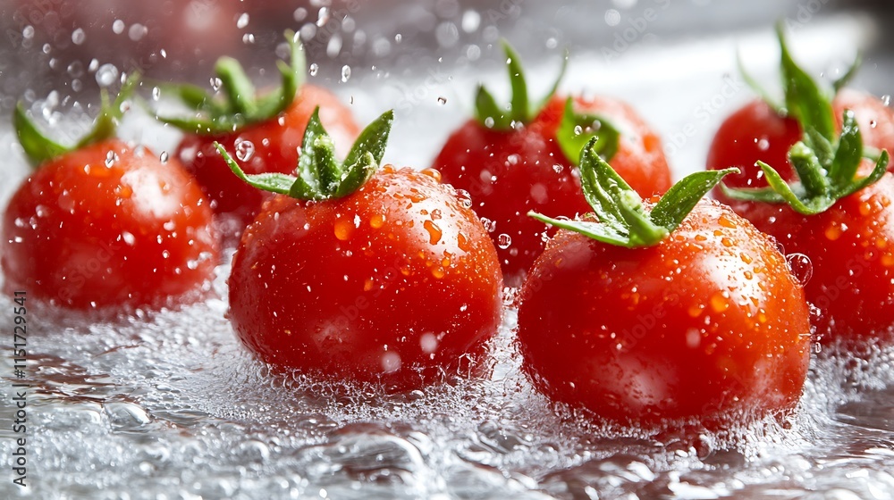 Fresh, vibrant red cherry tomatoes submerged in water, with water droplets splashing.
