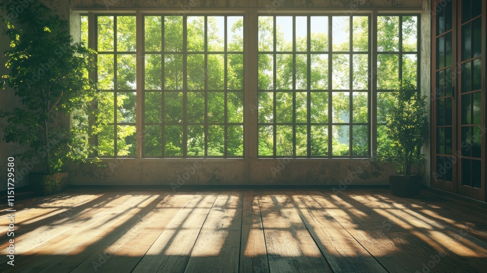 Sunlit Interior with Expansive Window View of Lush Greenery Sunlit Interior with Expansive Window View of Lush Greenery