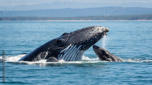 A majestic humpback whale and its calf swim together in the ocean. The adult whale is breaching the surface, showing off its powerful body and intricate markings photo