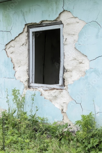 Abandoned house with shattered window and crumbling wall in a state of disrepair and neglect, showcasing urban decay and destruction.