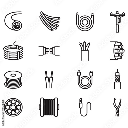 Set of cable icons. Thin line vector. Contains icons of various types of cables.