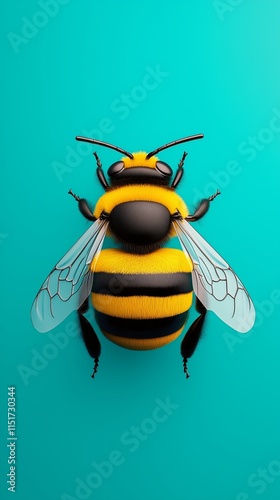 3D bee illustration, top view on a turquoise background, cute bumblebee.