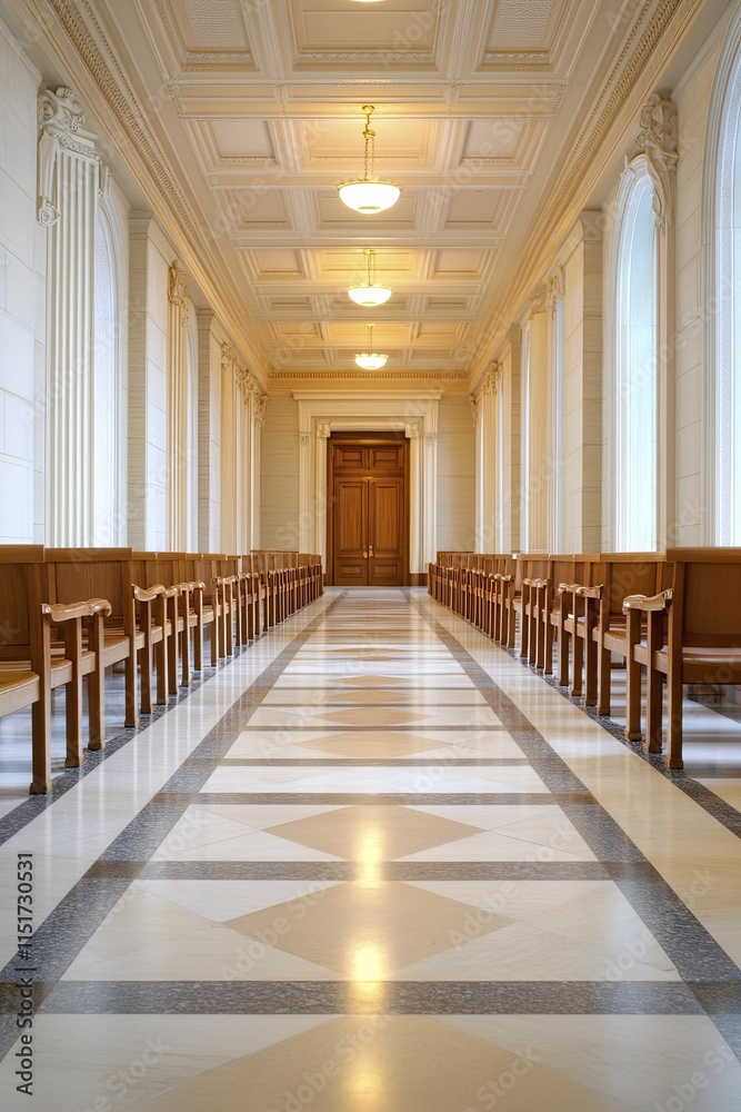 Endless hallway echoing with pew sounds fading into the distance. Endless hallway echoing with pew sounds fading into the distance.