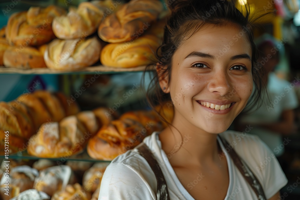 A young woman smiling in a bakery filled with fresh bread and pastries, radiating warmth and joy. A young woman smiling in a bakery filled with fresh bread and pastries, radiating warmth and joy.