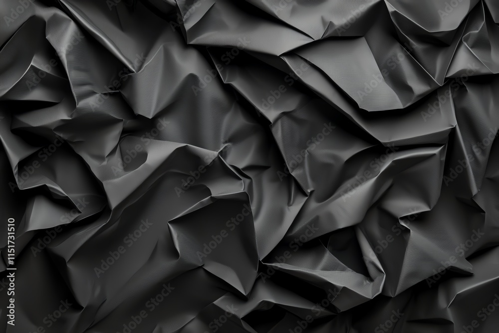 Abstract close-up of crumpled black paper creating a textured background. The folds and shadows offer a dramatic and artistic feel, ideal for design and creative projects.