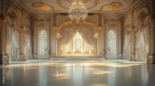 Luxurious Ballroom Stage with Golden Accents and Chandeliers - Made with Generative AI photo