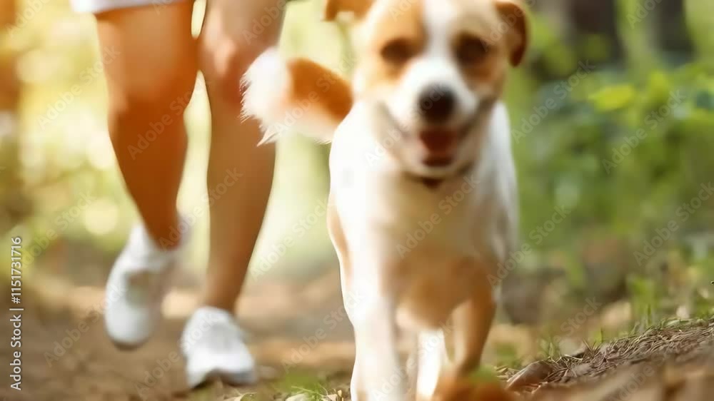 Close up of a dog trotting alongside a young woman on a rural forest trail. Low angle view