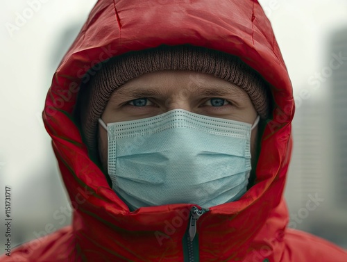 Mysterious man in red jacket and mask standing confidently in urban setting on a cloudy day. photo