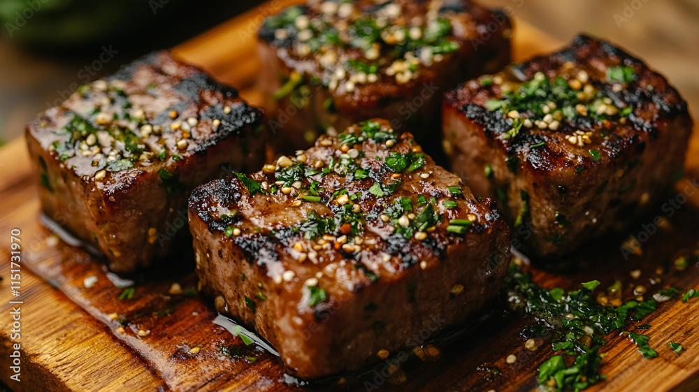 Sobre una mesa oscura, un plato de pizarra con tofu recién asado rodeado de pequeñas guarniciones y decoración de san valentín. Sobre una mesa oscura, un plato de pizarra con tofu recién asado rodeado de pequeñas guarniciones y decoración de san valentín.