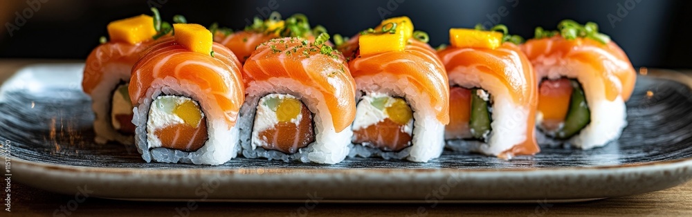Vibrant Sushi Rolls with Salmon, Mango, and Cream Cheese Vibrant Sushi Rolls with Salmon, Mango, and Cream Cheese
