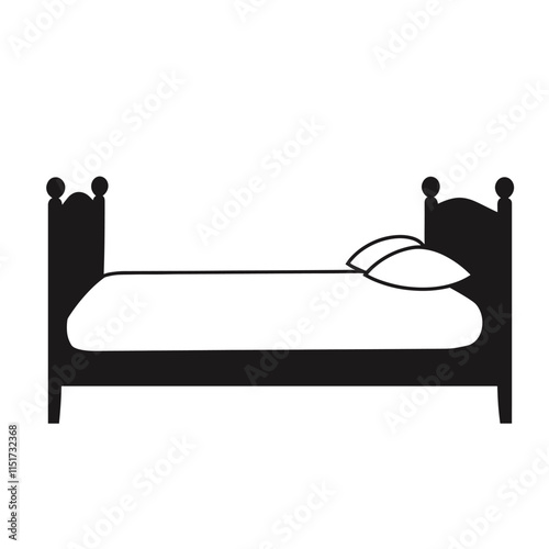 Black silhouette of a bed icon on a white background with a simple and clean design bold lines