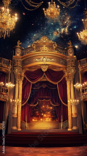 Elegant Royal Stage with Glittering Chandeliers and Red Drapes - Made with Generative AI