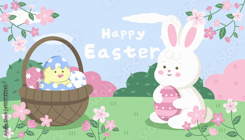 Happy Easter banner cover vector elements. Playful cute white bunny holding Easter eggs, cute chick hatched from an egg in a basket of eggs, hand drawn. Spring flowers and a branch of leaves