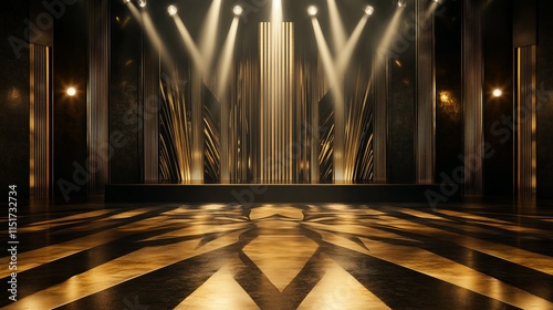 Modern Art Deco Stage with Glowing Gold and Sleek Black Features - Made with Generative AI