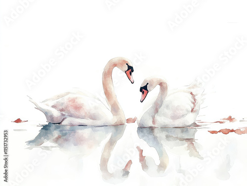 Watercolor Illustration of Two Elegant Swans Gracefully Reflect on Calm Waters in a Serene Landscape