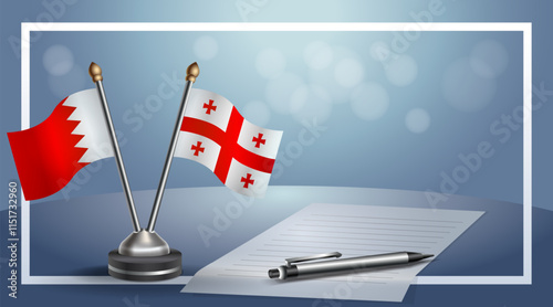 Bahrain and Georgia Republic National flags on small table with bokeh background, cooperative relationship
