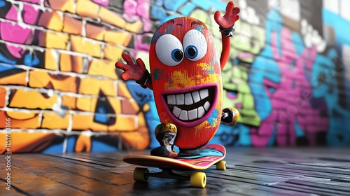 A 3D cartoon character skateboarding in front of a graffiti wall. photo