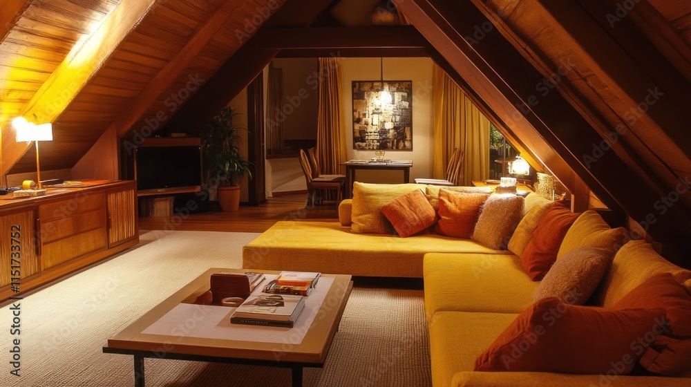 Cozy Attic Living Room with Yellow Sofa and Wooden Beams Cozy Attic Living Room with Yellow Sofa and Wooden Beams