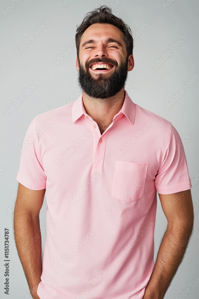 custom made wallpaper toronto digitalA man with a beard is smiling and wearing a pink shirt. The shirt has a pocket and a collar