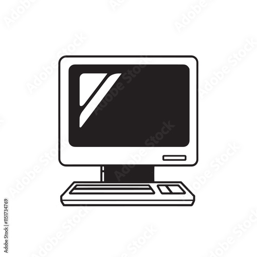 A simple vector icon of a desktop computer in black on a grey background with no shading or detailed