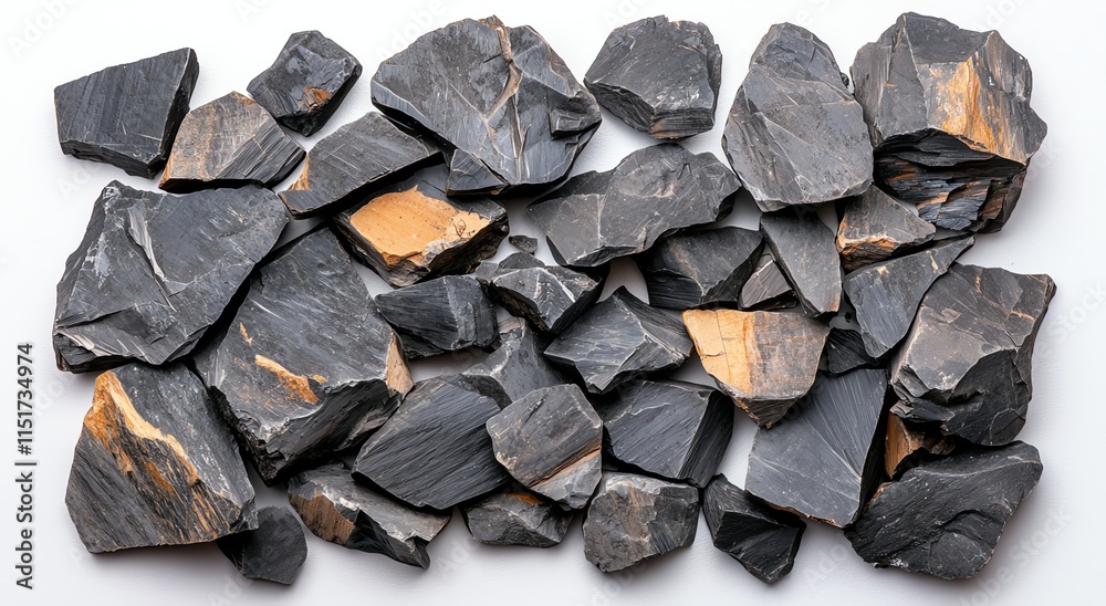Multiple pieces of dark, jagged stones scattered against a white, isolated background, showcasing natural textures and earthy tones. Multiple pieces of dark, jagged stones scattered against a white, isolated background, showcasing natural textures and earthy tones.