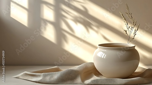 Sunlit beige ceramic pot with dried plant on beige fabric.