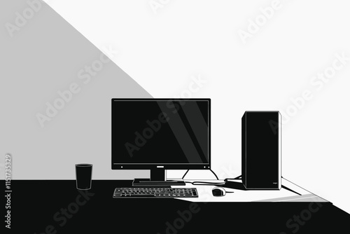 A simple vector icon of a desktop computer in black on a grey background with no shading or detailed