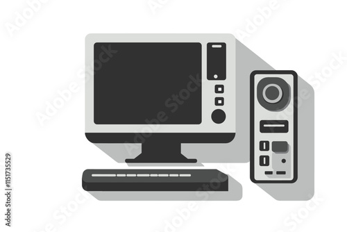 A simple vector icon of a desktop computer in black on a grey background with no shading or detailed