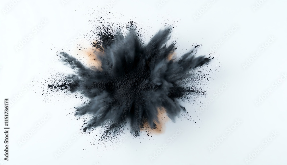 Exploding cloud of black powder creating dramatic burst on a pure white background, capturing energy and chaos. Exploding cloud of black powder creating dramatic burst on a pure white background, capturing energy and chaos.