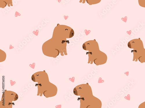 Seamless pattern with capybara cartoons and hearts on pink background vector.