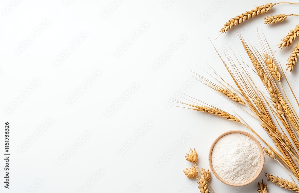 Wheat stalks and flour in a bowl arranged on a white surface, creating a minimalist composition ideal for culinary themes.