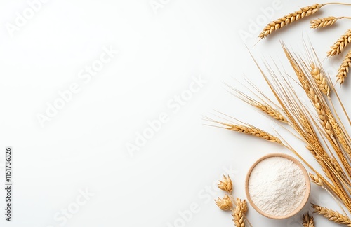 Obraz na płótnie Wheat stalks and flour in a bowl arranged on a white surface, creating a minimalist composition ideal for culinary themes. w salonie