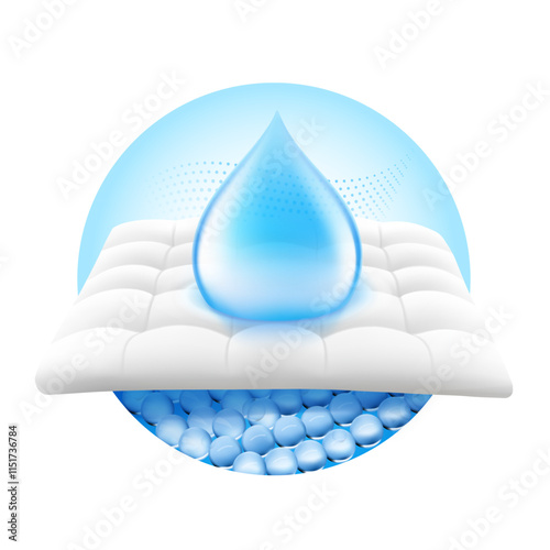 Realistic drop with layered absorbent core that shows prevents leaking. Vector illustration isolated on white background. Perfect for hygiene product and absorbent materials. EPS10.