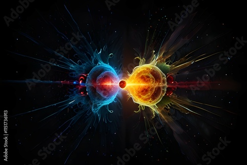 Infinity expansion of life. Vector infinity sign explosion background. Small particles strive out of center. Blurred debrises into rays or lines under high speed of motion. Burst, explosion backdrop.
 photo